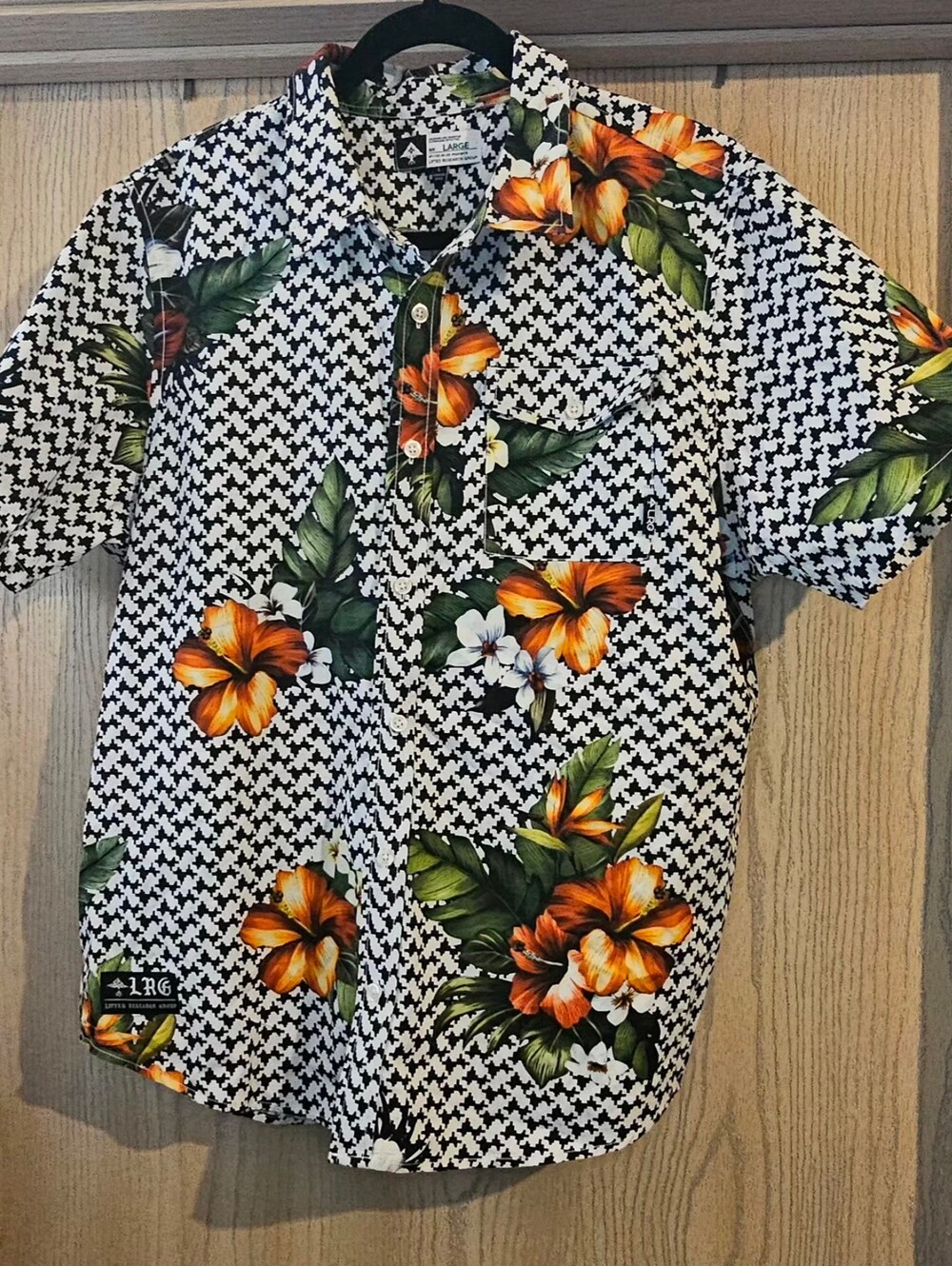 LRG Brand Men Aloha Floral Short Sleeve Shirt - Orange Floral on Black & White
